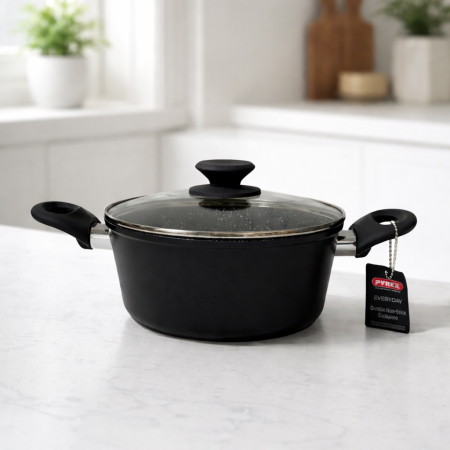 طنجرة او قدر طبخ  28cm بايركس Pyrex Everyday – غير لاصق بغطاء زجاجي